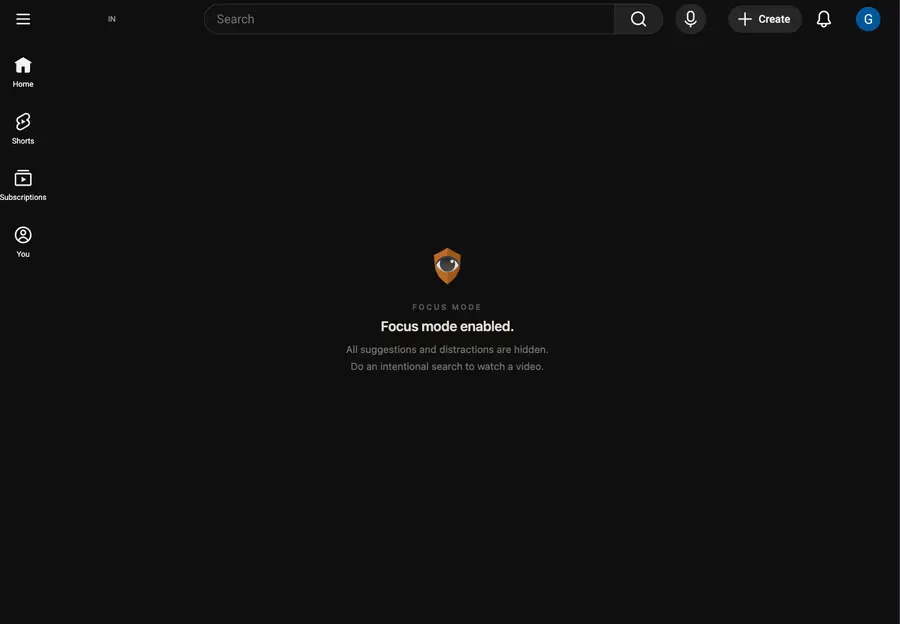 YouTube with Focus mode: recommendations, Shorts, and autoplay removed