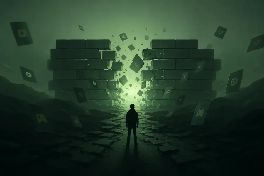 A brick wall dissolving into green mist.
