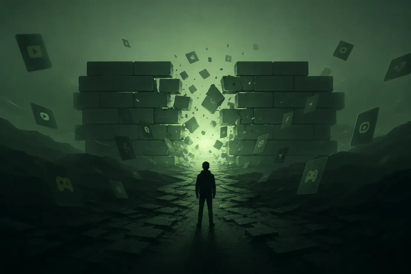 A brick wall dissolving into green mist.